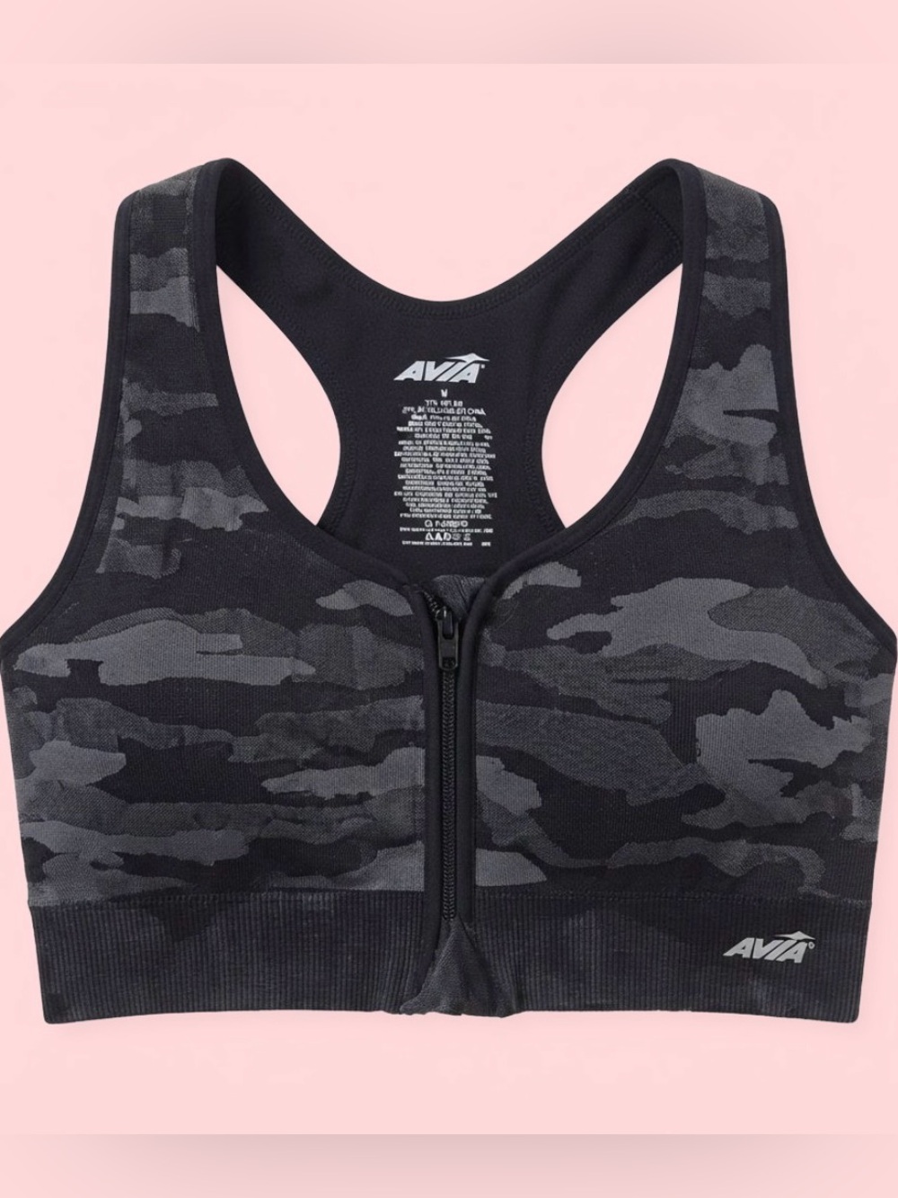 Avia Black & Gray Camo Front-Zip Sports Bra Sz M